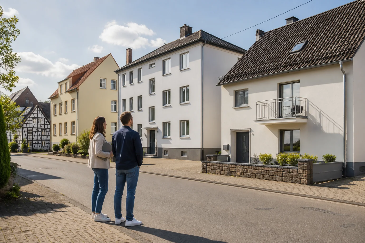 Suchende vor unterschiedlichen Wohnimmobilien in einer deutschen Kleinstadt